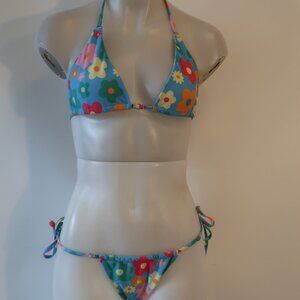 Womens Alicia Heather Blue Pink Yellow Floral Print 2Pc Swim Spring Bikini Set M